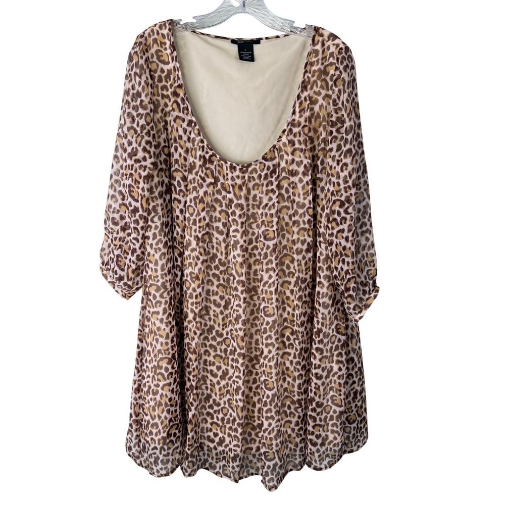 BCBGMAXAZRIA Leopard Print Chiffon Mini Babydoll Dress Large Brown Animal Print